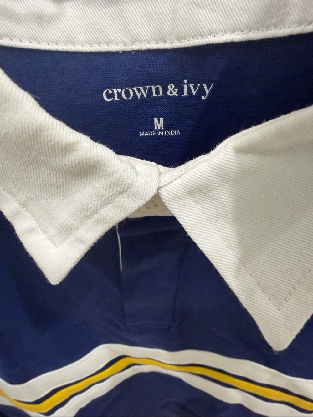 crown & ivy Men's Navy Polo with White Collar and Yellow Stripes